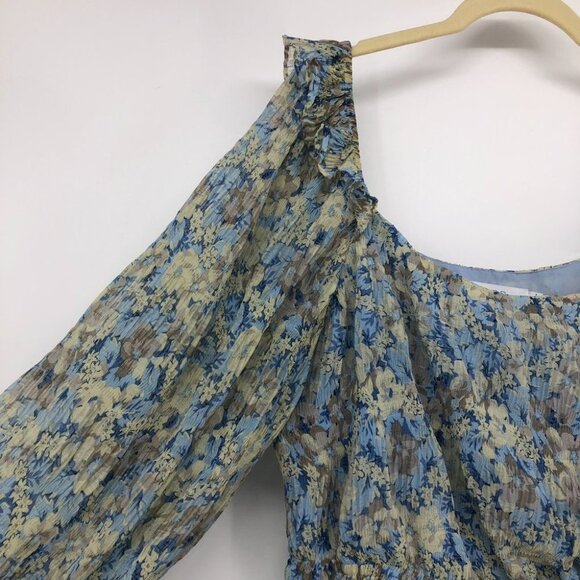 ASTR The Label  Elva Floral Long Ruffle Sleeve Square Neck Blue Taupe blouse LG - Picture 6 of 16